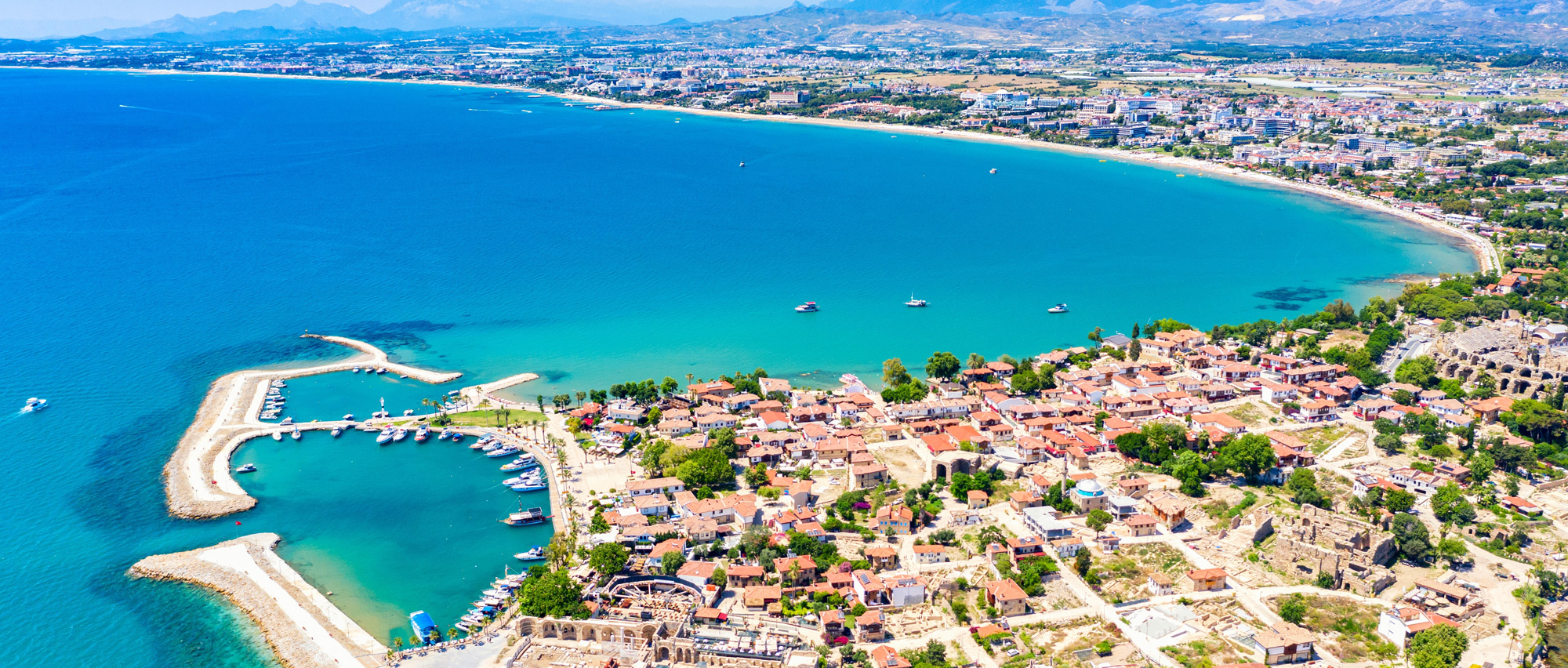 An aerial view of the coast of Antalya in Turkey on a school trip