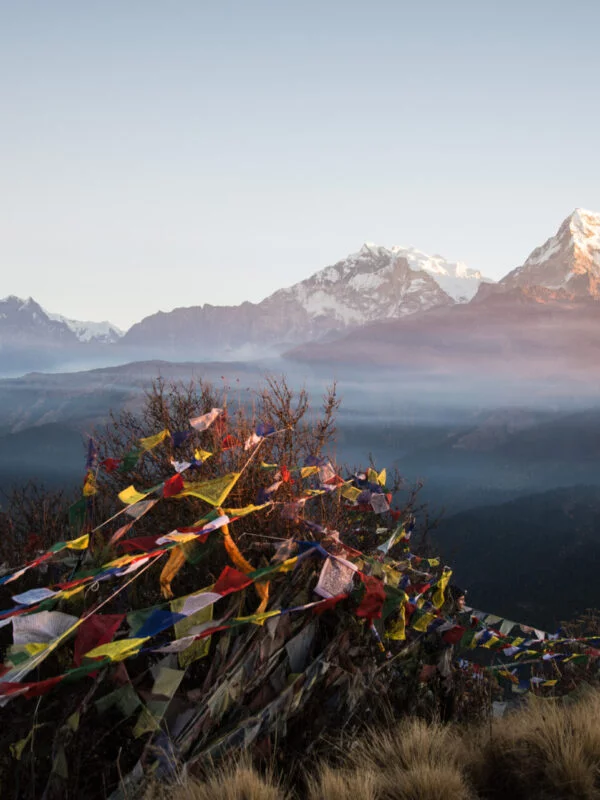 Prayer flags in the mountains of Nepal on a school expedition trek phase