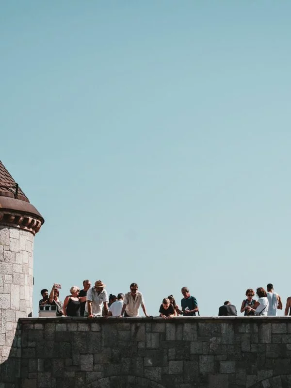 A tourist group admiring the architecture in Slovenia