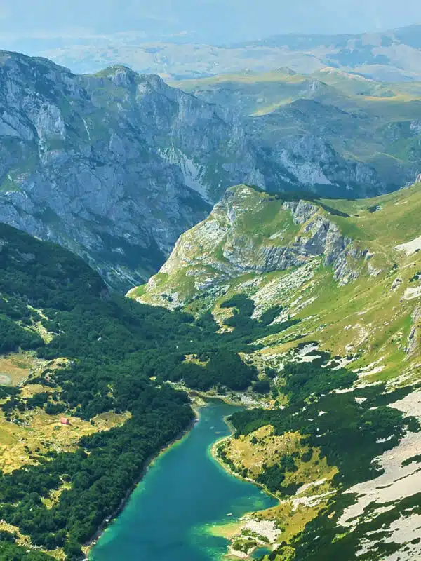 A panoramic view of a mountain range in Montenegro