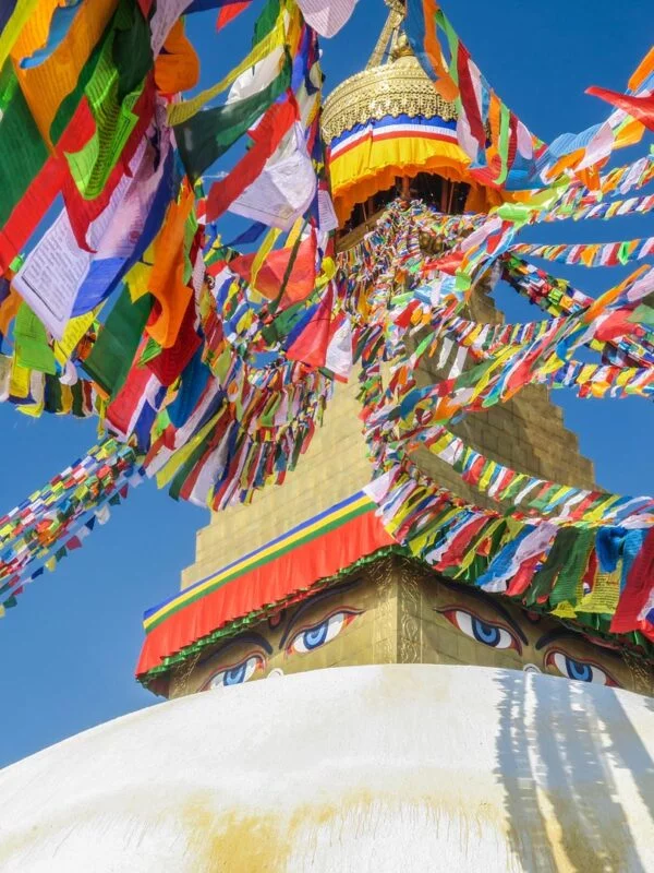 Prayer flags on a temple roof in Nepal