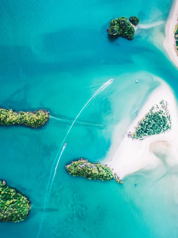 A drone image of a white sandy beach in Laos