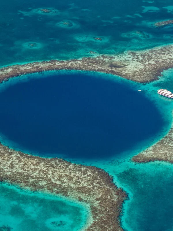 An aerial view of the Great Blue Hole in Belize