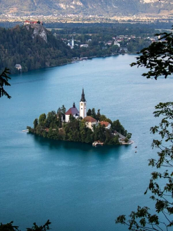 An aerial image of an island in Slovenia on a school trip