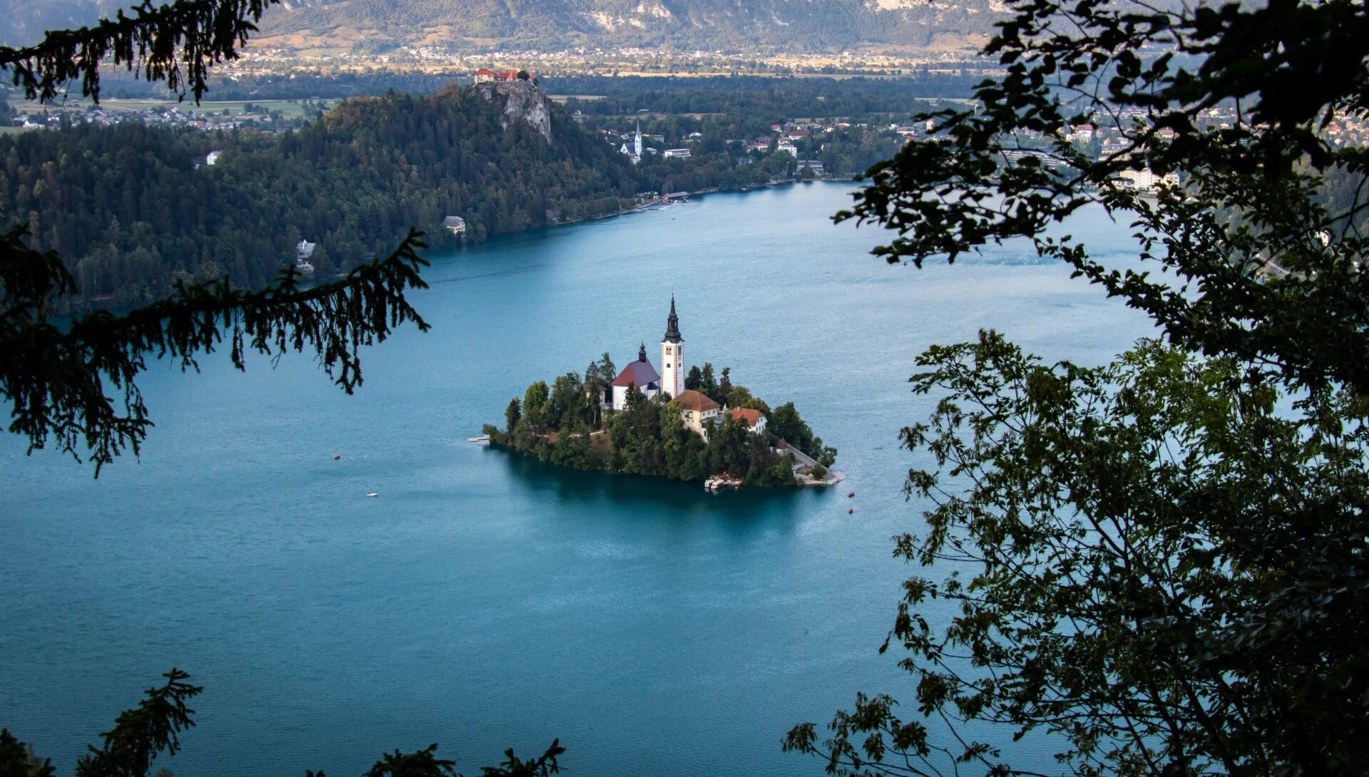 An aerial image of an island in Slovenia on a school trip